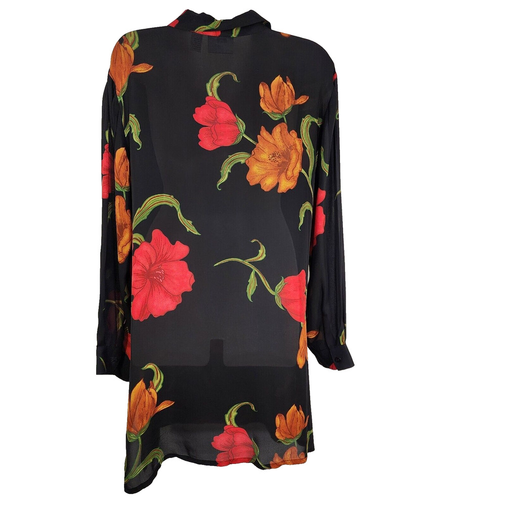 Chicos Design Top Sz 1 Medium 100% Silk Black Red Floral Sheer Vtg Button Tunic - Picture 2 of 9